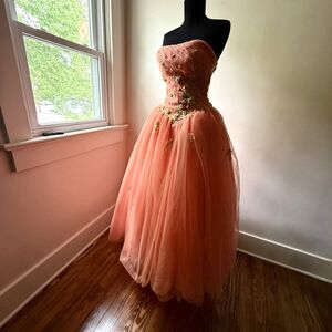 Vintage Strapless Prom Dress | Coral Beaded Corset, Tulle Ball Gown